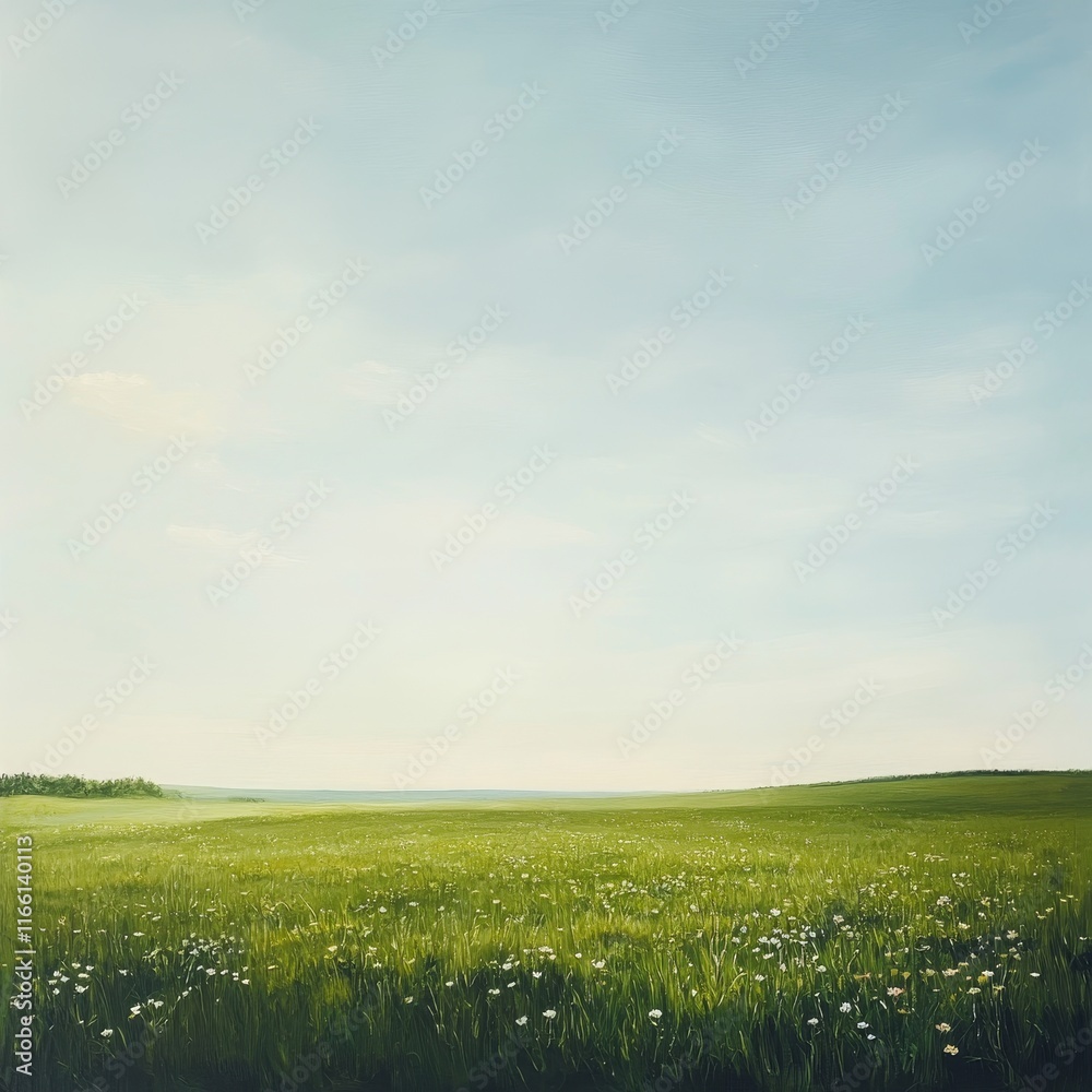 Fototapeta premium Lush Green Field Under a Bright Sky With Scattered Wildflowers During a Serene Afternoon in a Rural Area