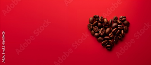 Heart made of coffee beans on red background Love coffee concept. Copy space. Top view.