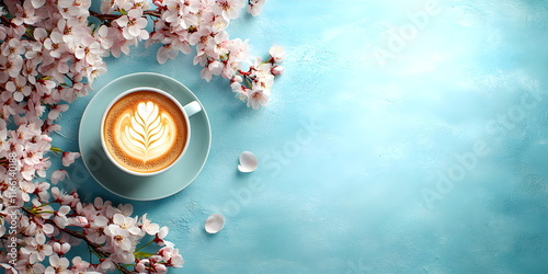 Spring banner with a cup of aromatic coffee and blossoming cherry branches with space for text photo