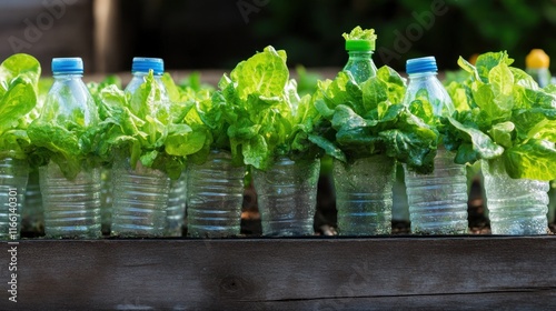 Sustainable Gardening: Lettuce Growing in Recycled Plastic Bottles photo