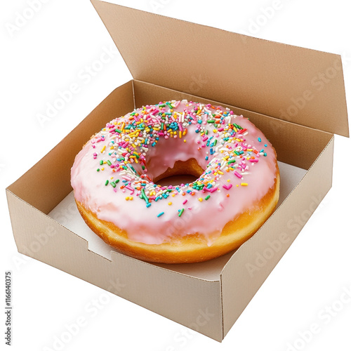 a single pink frosted donut with colorful sprinkles sits in an open cardboard box. showcasing its enticing appearance the treat's sweetness and appeal. making it a tempting option for dessert or a sna photo