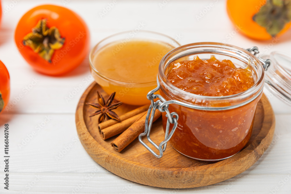 Persimmon jam with slices of ripe persimmon on wooden textured table. Delicious persimmon jam. Marmalade. Healthy sweets. Vegan. Close-up. Space for text. Copy space. Persimmon jam with slices of ripe persimmon on wooden textured table. Delicious persimmon jam. Marmalade. Healthy sweets. Vegan. Close-up. Space for text. Copy space.