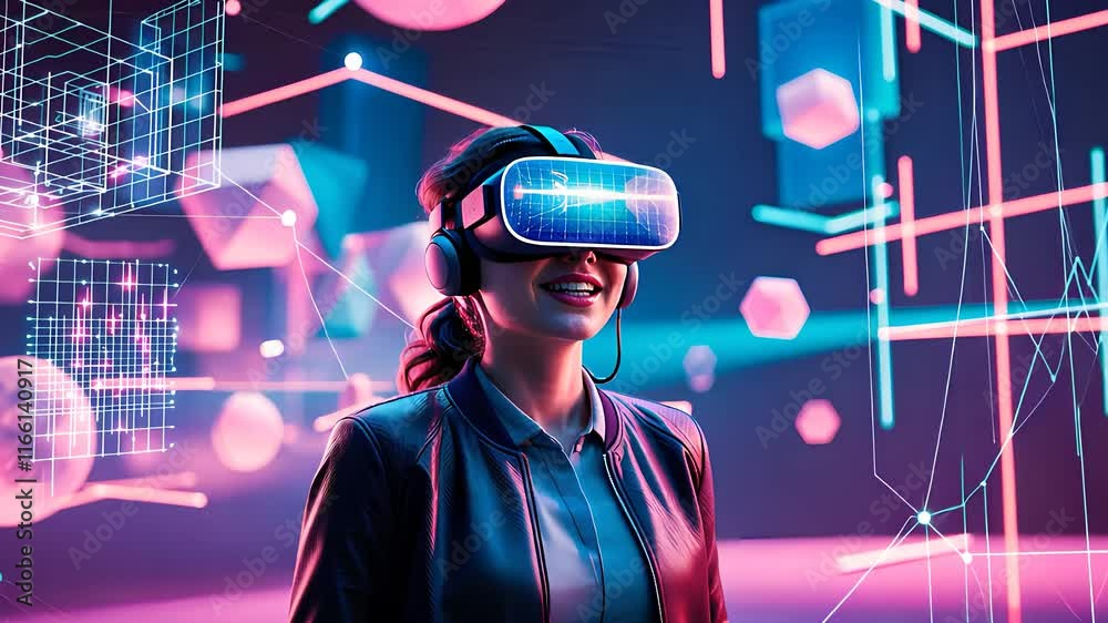 Smiling Woman Exploring Virtual Reality with Futuristic VR Headset in a Neon-Lit Digital World of Interactive Graphics
Smiling Woman Exploring Virtual Reality with Futuristic VR Headset in a Neon-Lit Digital World of Interactive Graphics