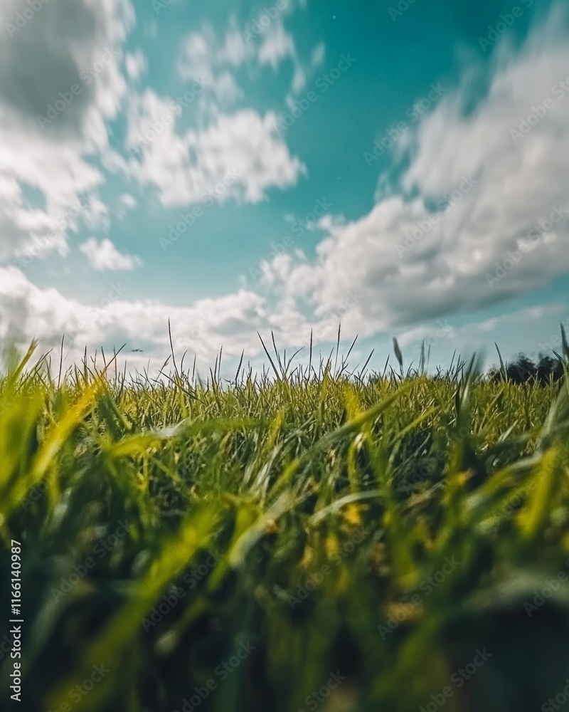 Fototapeta premium Expansive Green Grass Field Under a Bright Blue Sky With Scattered Clouds on a Sunny Day