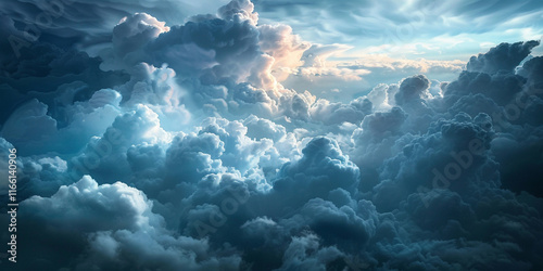 Dramatic cloudscape with sunbeams piercing through stormy blue clouds. photo