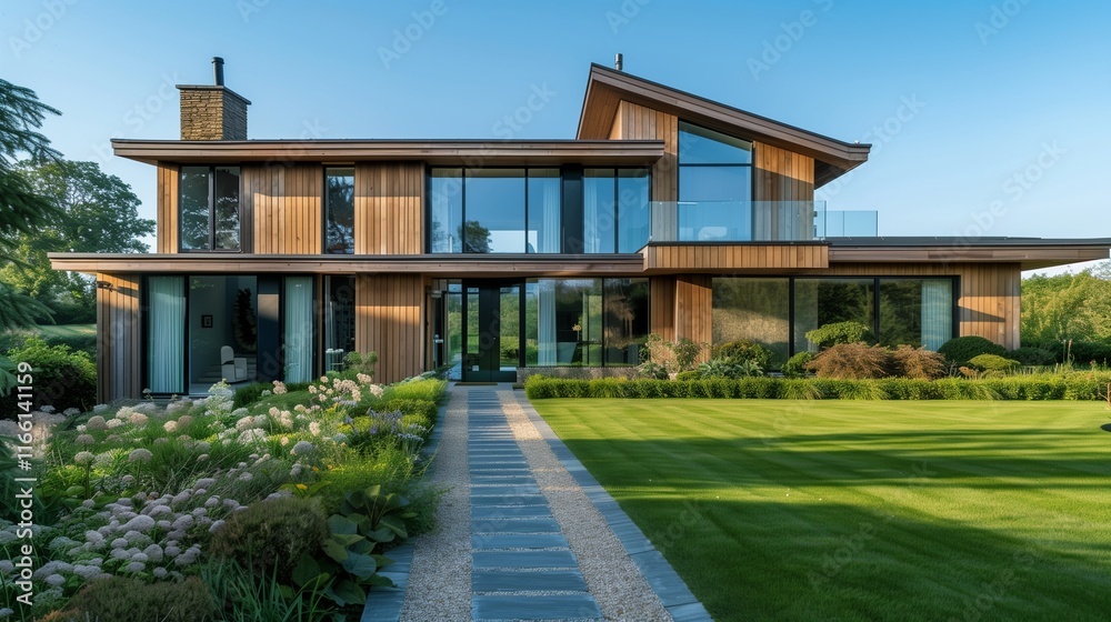A modern country house with sleek wooden cladding, large glass windows, and a stone pathway leading to the entrance, surrounded by a well-manicured lawn and lush greenery, under a clear blue sky. A modern country house with sleek wooden cladding, large glass windows, and a stone pathway leading to the entrance, surrounded by a well-manicured lawn and lush greenery, under a clear blue sky.