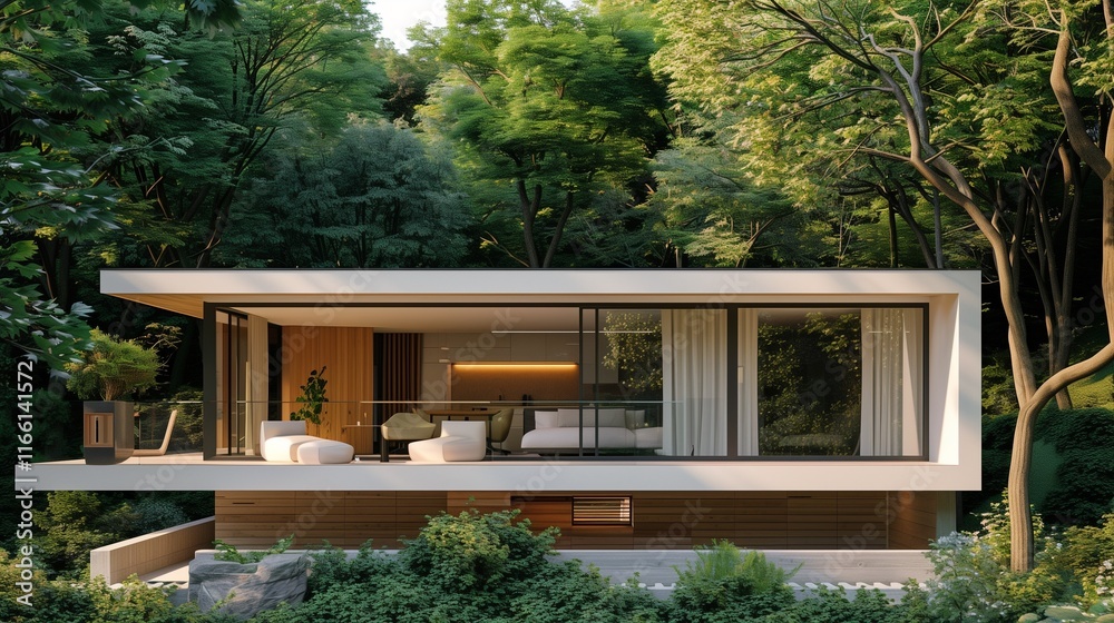 A modern home nestled in a dense forest, with a minimalist design, wooden facade, and a spacious deck for outdoor living. A modern home nestled in a dense forest, with a minimalist design, wooden facade, and a spacious deck for outdoor living.