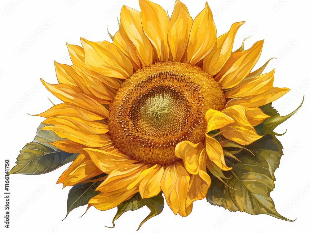 Fototapeta premium A vibrant sunflower with bright yellow petals and green leaves.