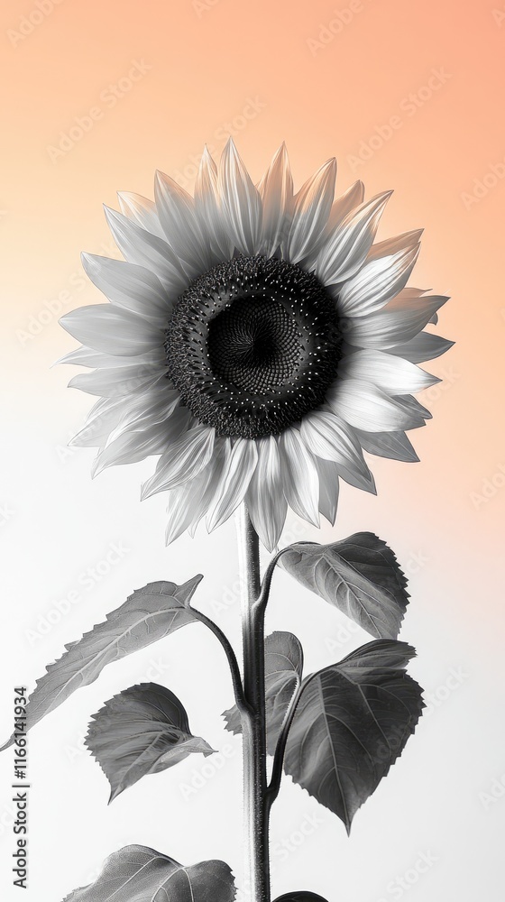 Fototapeta premium A Single Sunflower in Monochrome Against a Peach Background