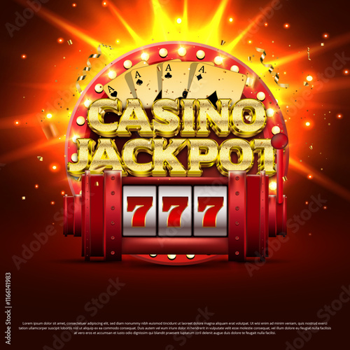 Casino jackpot 3d editable vector text style effect with red slot machine, gold poker cards on shiny background