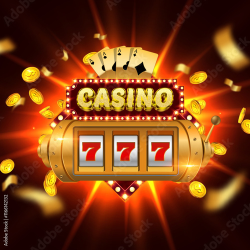 Casino 3d editable vector text style effect with casino slot machine, poker cards, gold coins on shiny glitter background