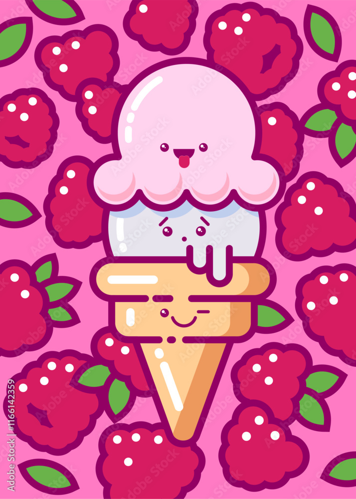 Kawaii ice cream illustration. Two scoops of ice cream in a waffle cone on background with raspberries. Kawaii ice cream illustration. Two scoops of ice cream in a waffle cone on background with raspberries.