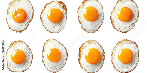 grid of eight fried eggs. each with bright yellow yolks and white edges. arranged neatly against a white background this presentation highlights the eggs' visual appeal. making it suitable for culinar photo