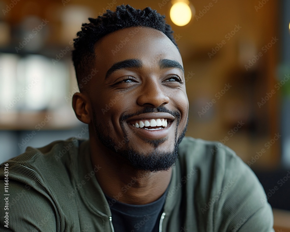 Happy young Black man laughing, looking up.