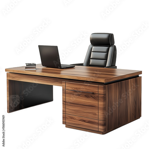 modern wooden desk with a sleek design. paired with a comfortable black office chair a laptop is placed on the desk. suggesting a workspace setup ideal for productivity and business activities the ove photo