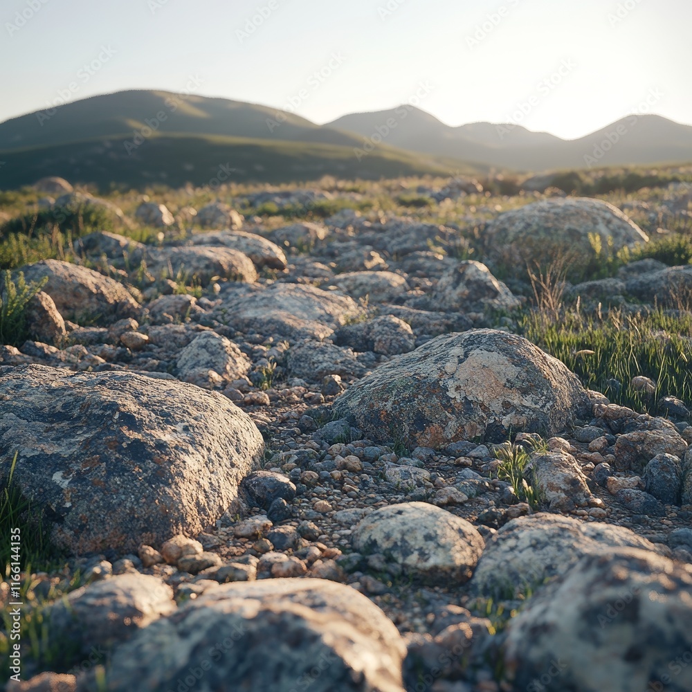 Obraz premium Beautiful Rocky Trail Through the Landscape With Rolling Hills in the Background During Golden Hour Showcasing Nature’s Tranquility and Rugged Beauty
