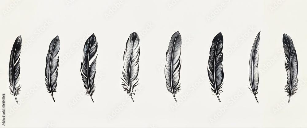 Various black and white feather illustrations showcasing unique patterns and shapes on a light background Various black and white feather illustrations showcasing unique patterns and shapes on a light background
