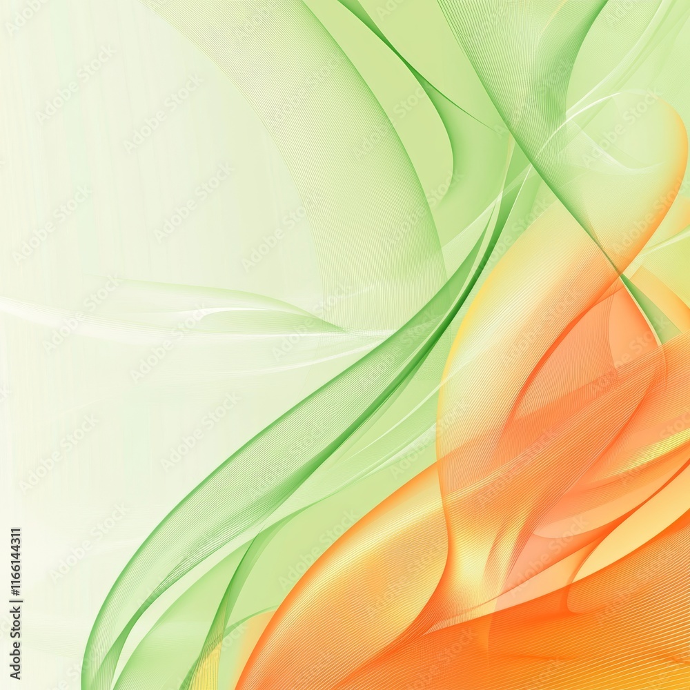 Obraz premium Colorful Abstract Design Featuring Soft Green and Orange Waves Flowing Gracefully on a Light Background, Creating a Sense of Movement and Tranquility in Digital Art