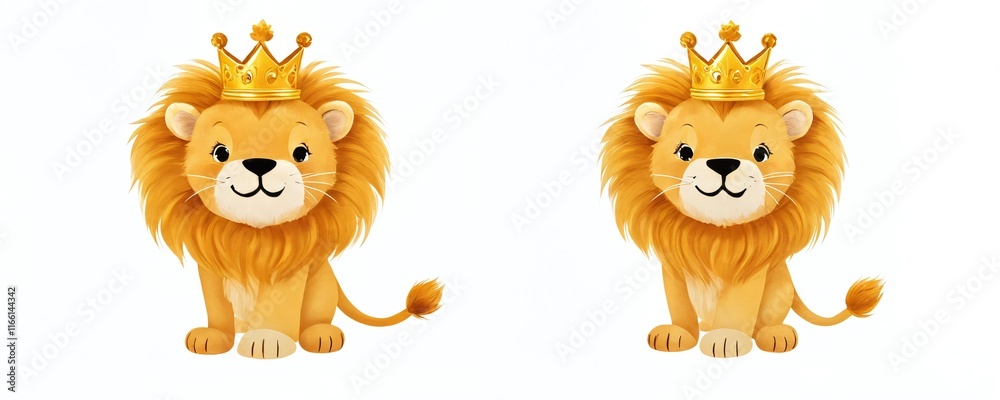 Obraz premium Cute cartoon lions wearing golden crowns sit side by side against a white background showcasing their playful expressions and vibrant colors