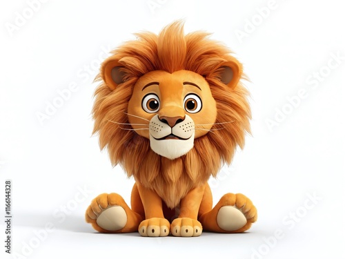 Cute cartoon lion character with large expressive eyes sitting on a white background photo