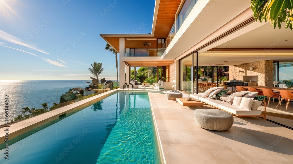 A state-of-the-art beach villa featuring a seamless blend of indoor and outdoor spaces, with a lavish swimming pool and an expansive terrace offering panoramic views of the azure sea. A state-of-the-art beach villa featuring a seamless blend of indoor and outdoor spaces, with a lavish swimming pool and an expansive terrace offering panoramic views of the azure sea.