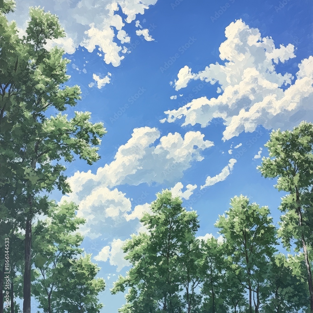Clear Blue Sky With Fluffy Clouds Over Lush Green Trees During a Sunny Afternoon in a Peaceful Natural Setting Clear Blue Sky With Fluffy Clouds Over Lush Green Trees During a Sunny Afternoon in a Peaceful Natural Setting