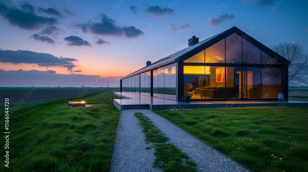 A stylish country house with broad glass windows, reflecting the evening sky, surrounded by green fields and a minimalist path to the door, in A stylish country house with broad glass windows, reflecting the evening sky, surrounded by green fields and a minimalist path to the door, in