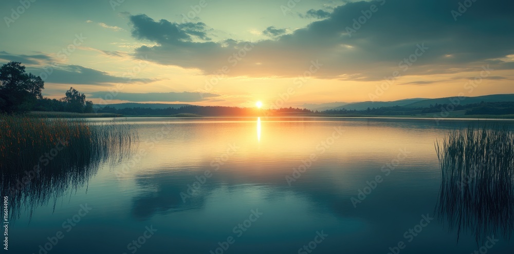 Serene Sunset Over Calm Lake With Mountain Background Serene Sunset Over Calm Lake With Mountain Background