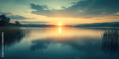 Serene Sunset Over Calm Lake With Mountain Background