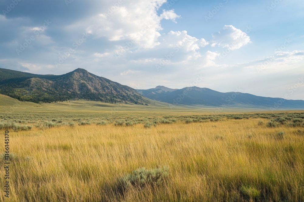Fototapeta premium Expansive Golden Grassland Against a Backdrop of Distant Mountains With Scattered Clouds on a Sunny Day