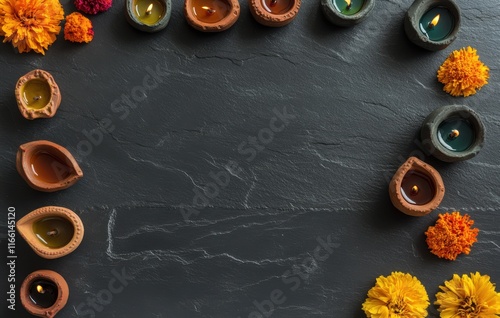 Colorful diya lamps and marigold flowers arranged in a circular frame on a dark slate background for festive celebration and decoration ideas photo