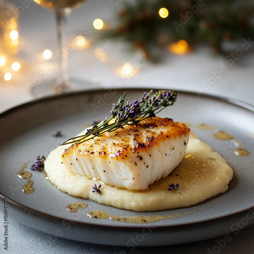 Delicate cod fillet served with creamy parsnip puree and drizzled with a fragrant lavender and white wine sauce.