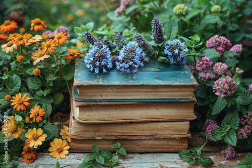 a stack of old books lying among a blooming garden. The books appear worn and have worn covers, indicating their age and frequent use.   photo