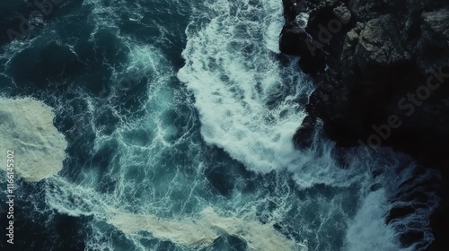 Ocean Waves Crashing Against Rugged Coastline: An Aerial View