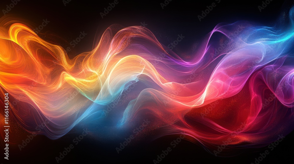 Obraz premium Abstract colorful wave of light and smoke on black background.