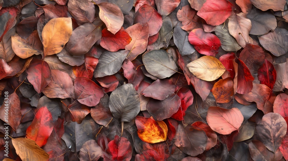 Fototapeta premium Colorful Autumn Leaves Blanket the Ground in a Park During the Fall Season Showcasing Vibrant Hues of Red, Orange, and Yellow Under Natural Sunlight