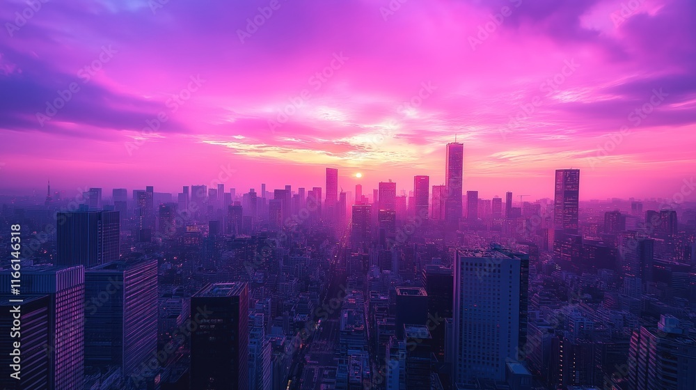 Fototapeta premium Vast cityscape at sunset. Skyscrapers rise against vibrant pink, purple sky. Golden hour lights illuminate urban landscape. Modern architecture meets beautiful natural light show. Cityscapes dynamic,