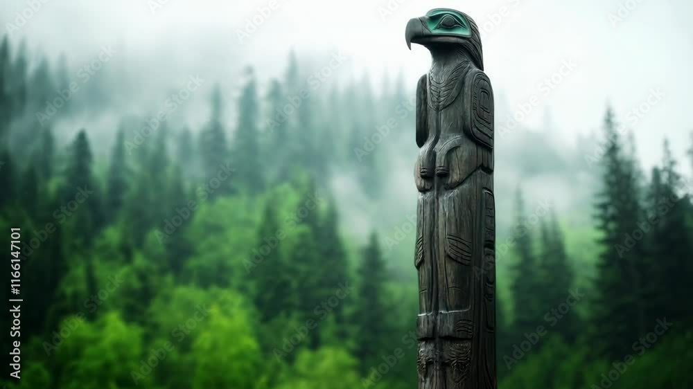 Wooden eagle totem pole with green forest background. Native art and cultural heritage
