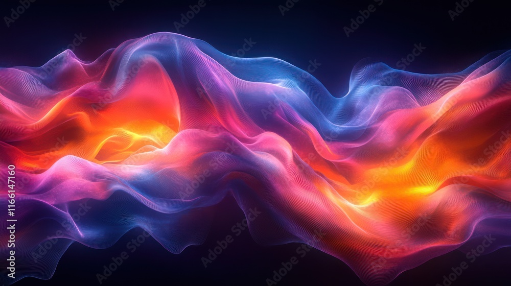 Fototapeta premium Abstract vibrant wave of colorful smoke, energy, or fluid flowing in dark background.