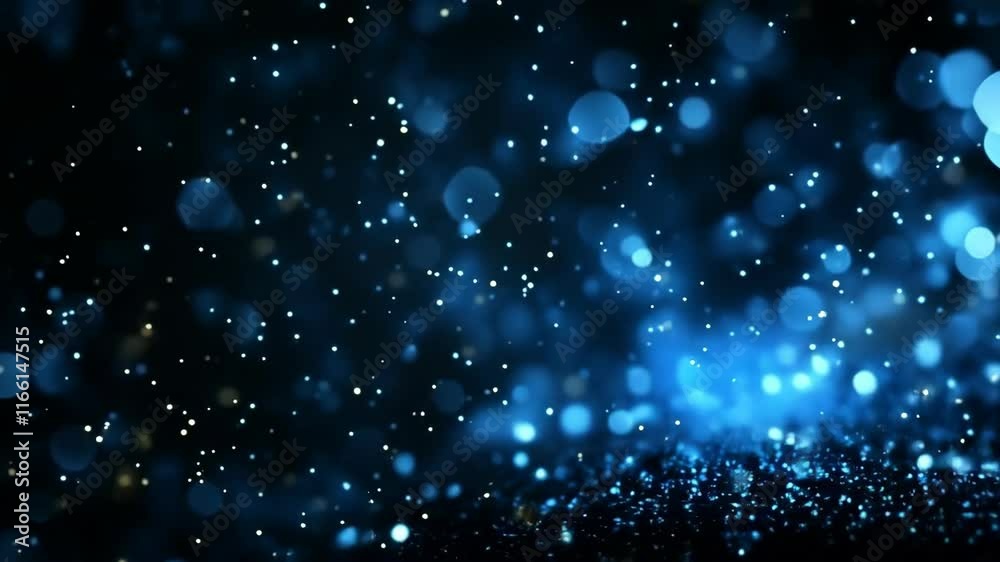 Blue bokeh lights and sparkles on black background. Holiday and celebration backgrounds