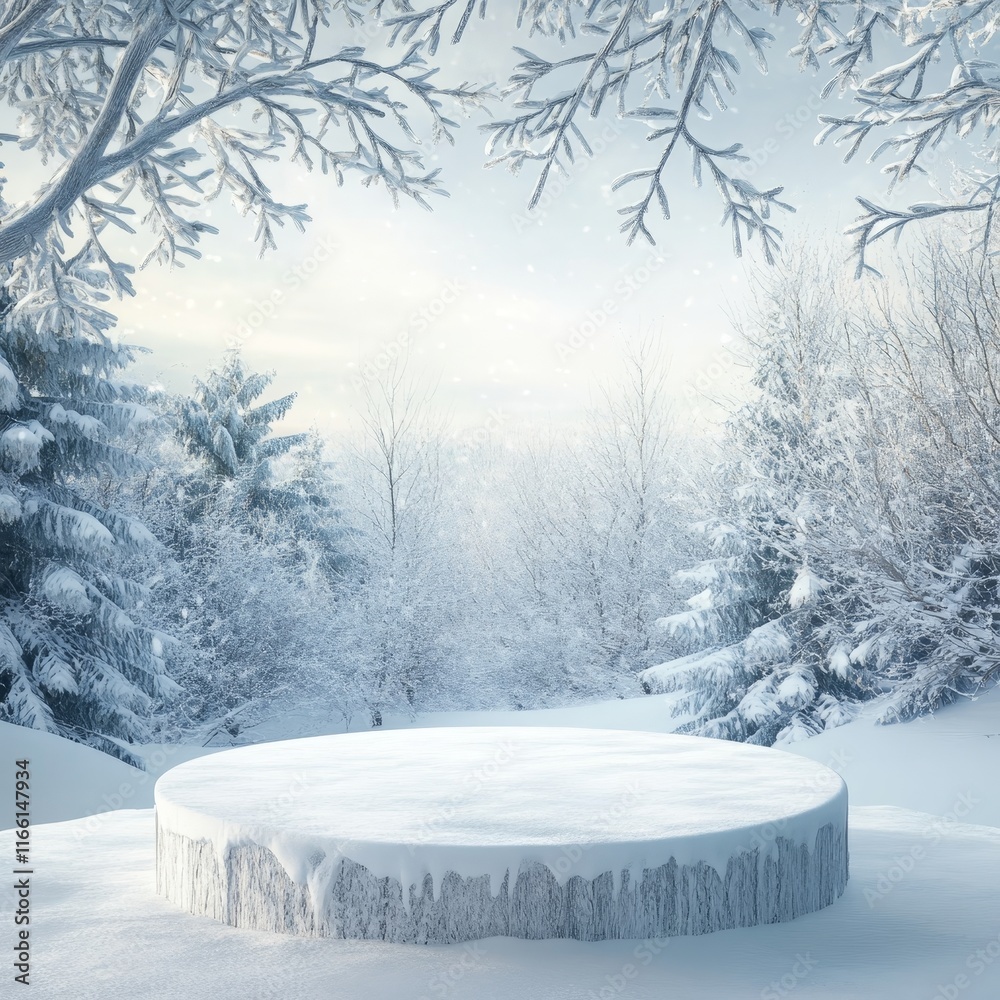 Fototapeta premium Snow-covered Landscape With a Round Wooden Platform Surrounded by Frosty Trees and a Serene Winter Atmosphere at Dawn