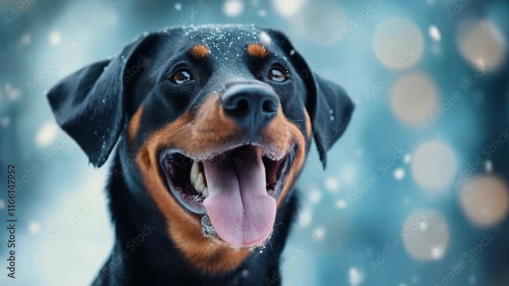 Smiling rottweiler dog with snowflakes on winter background