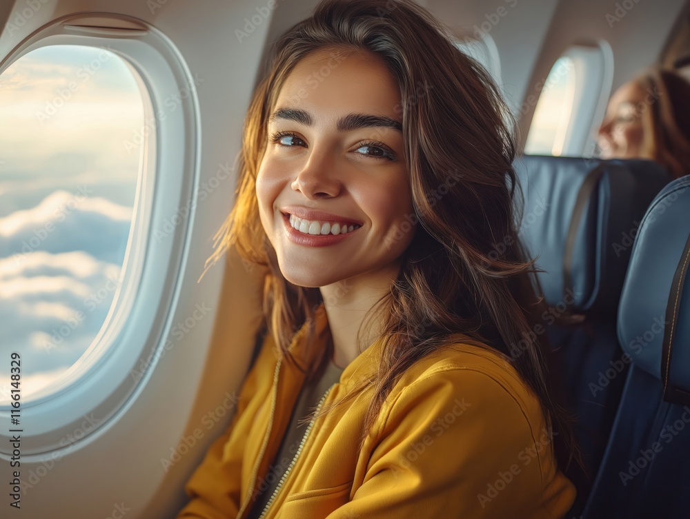 Happy female tourist sits inside airplane near window. Smiles, looks out at clouds. In plane cabin. Travelers enjoy journey. Vacation time. Summer trip. Woman wears yellow jacket. Daytime flight. Happy female tourist sits inside airplane near window. Smiles, looks out at clouds. In plane cabin. Travelers enjoy journey. Vacation time. Summer trip. Woman wears yellow jacket. Daytime flight.
