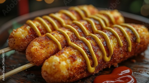 A close-up of a crispy corn dog with a perfectly golden crust, drizzled with mustard and ketchup, served on a wooden stick with a carnival-themed background. photo