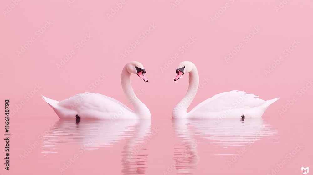 Fototapeta premium Two white swans in love, on a pink background, romantic couple.