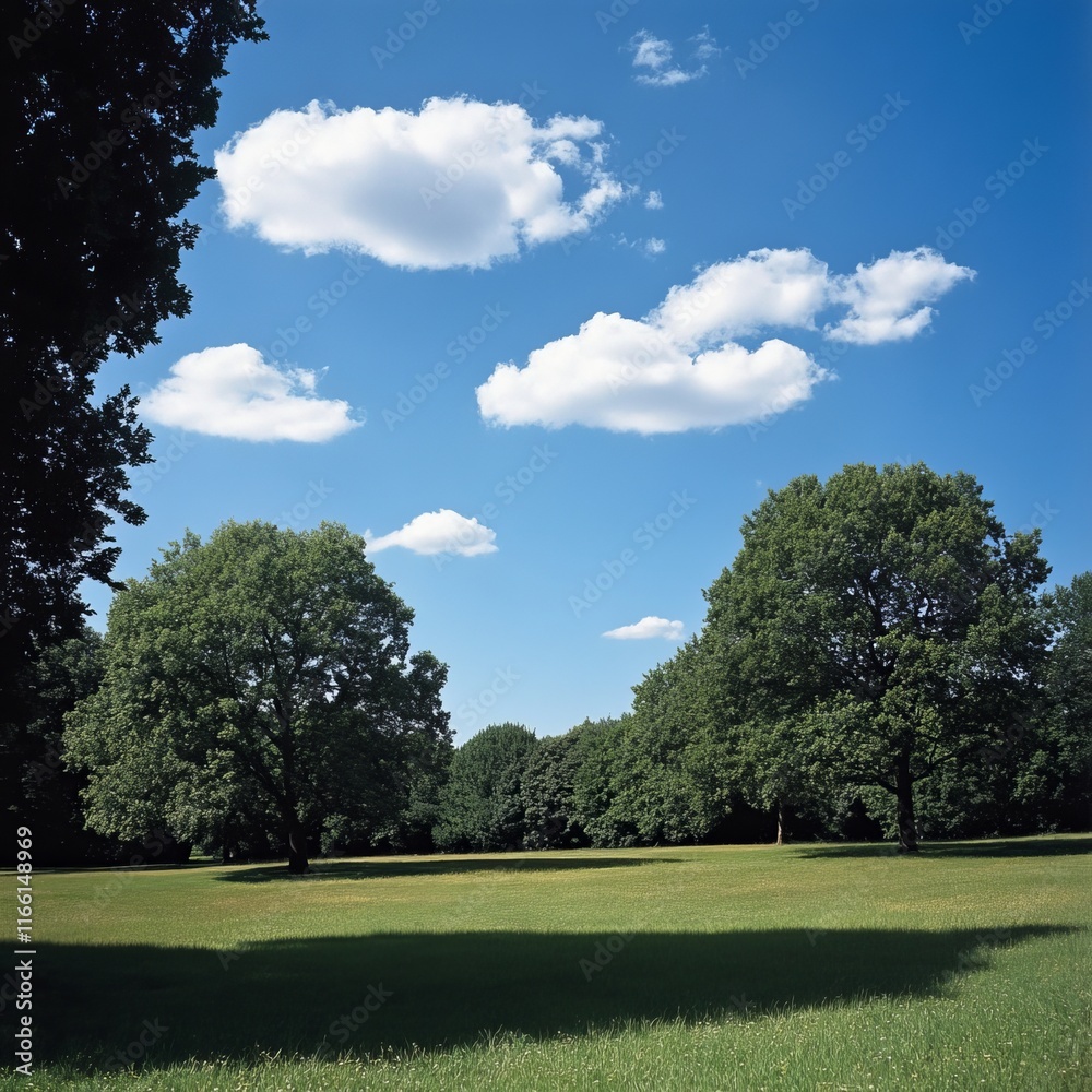 Naklejka premium Lush Green Park Under a Bright Blue Sky With Fluffy Clouds on a Sunny Day in Springtime