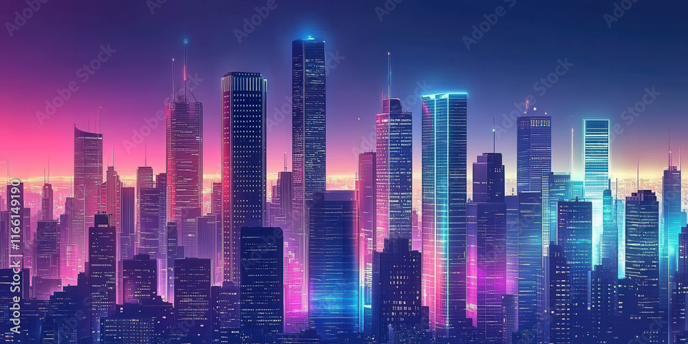 Futuristic city skyline at dusk with colorful neon lights Futuristic city skyline at dusk with colorful neon lights