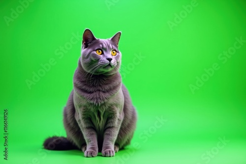 Chartreux cat on vibrant green screen background for video or photo editing projects
