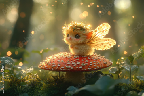 Adorable fairy creature with wings perched atop a vibrant red mushroom in a sunlit forest.