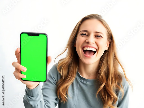 woman laughing while holding a green screen mobile phone in an isolated white background 